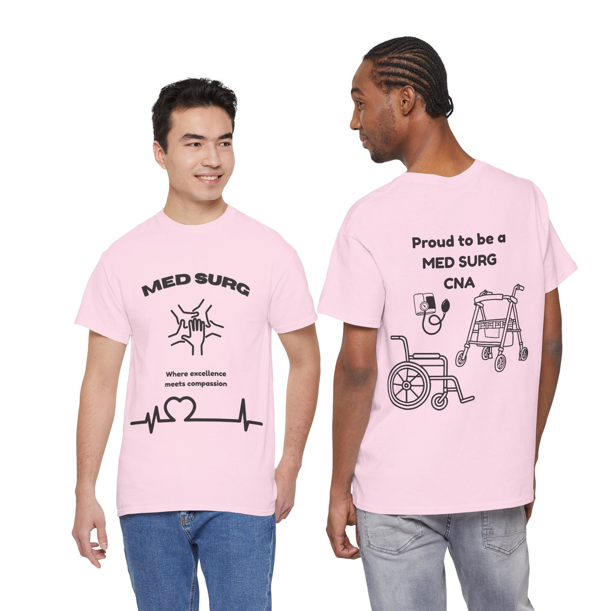 Med Surg CNA T-Shirt — Proud to Be a Med-Surg Nurse Assistant, Heartbeat & Care Icons